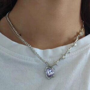 Y2K Purple Zircon Heart Pendant Necklace